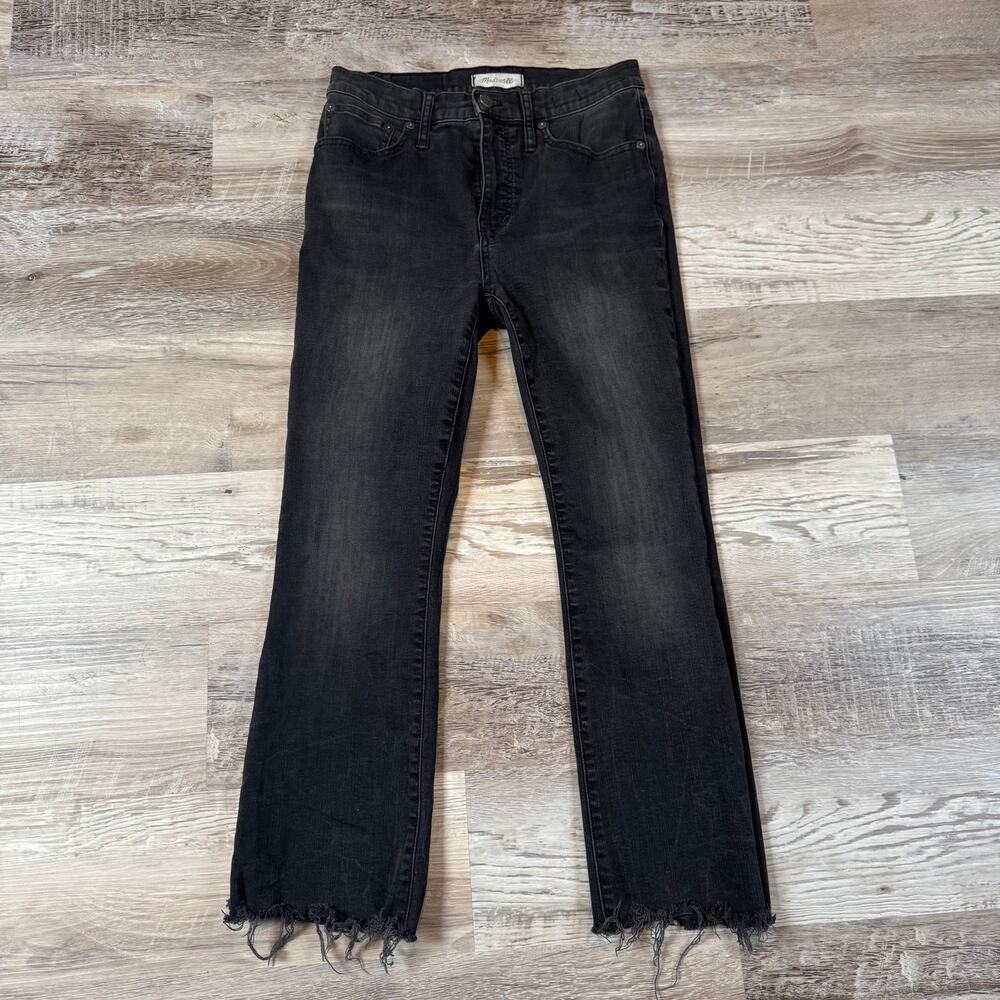 Madewell Cali Demi Boot Black Wash Cropped Jeans Raw Hem Mid Rise Kick Flare 27